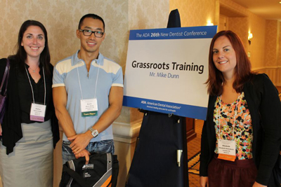 Image: Get involved: Attendees get ready for a program on grassroots training during the New Dentist Conference June 22. From left are Drs. Andrea Goldin, Kevin Wang and Elizabeth Hollenbeck.